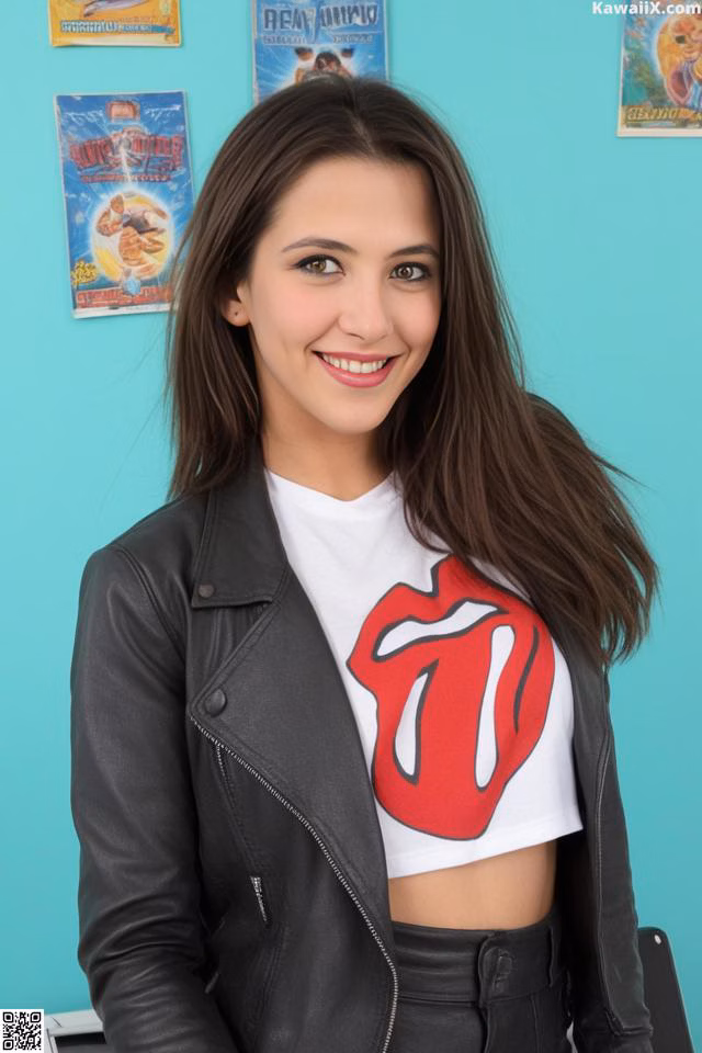 A woman in a leather jacket posing for a picture.