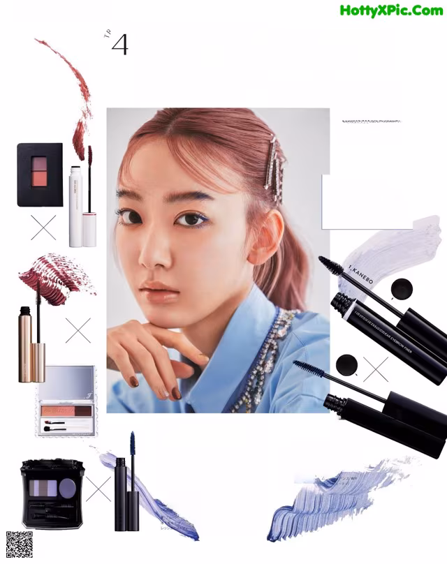 A magazine page with a picture of a woman with makeup products.