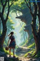 A girl walking down a path in a forest with a basket.