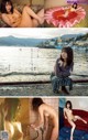 A collage of photos of a woman taking a bath in a bathtub.