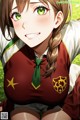 A girl in a school uniform with green eyes.