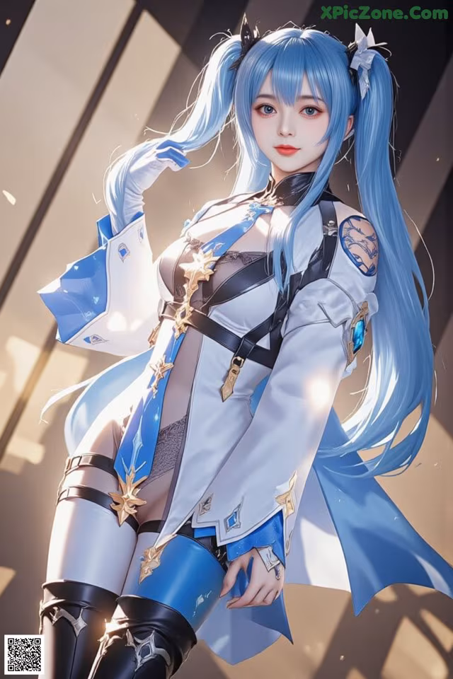 A woman with long blue hair wearing a white and blue outfit.